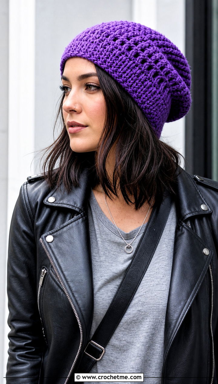 Slouchy Crochet Beanie With Leather Jacket And Cargo Pants - 30 beginner crochet hat outfit ideas