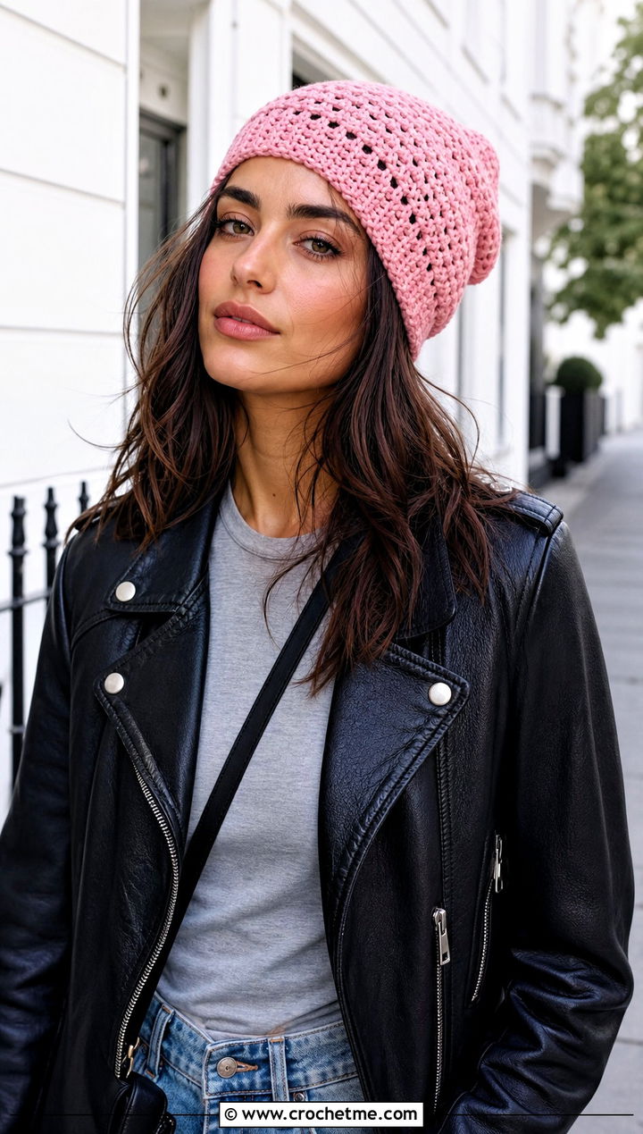 Slouchy Crochet Beanie With Leather Jacket And Jeans - 15 cool crochet beanie outfit ideas