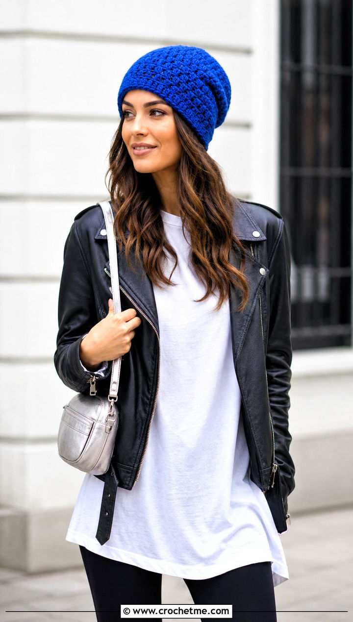 Slouchy Crochet Beanie With Leather Jacket And Leggings - 25 easy crochet beanies outfit ideas