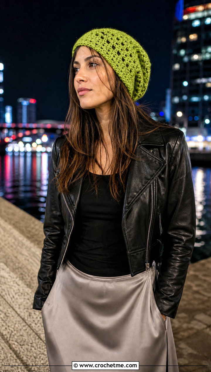 Slouchy Crochet Beanie With Leather Jacket And Maxi Skirt - 15 Modern Crochet Hat outfit ideas