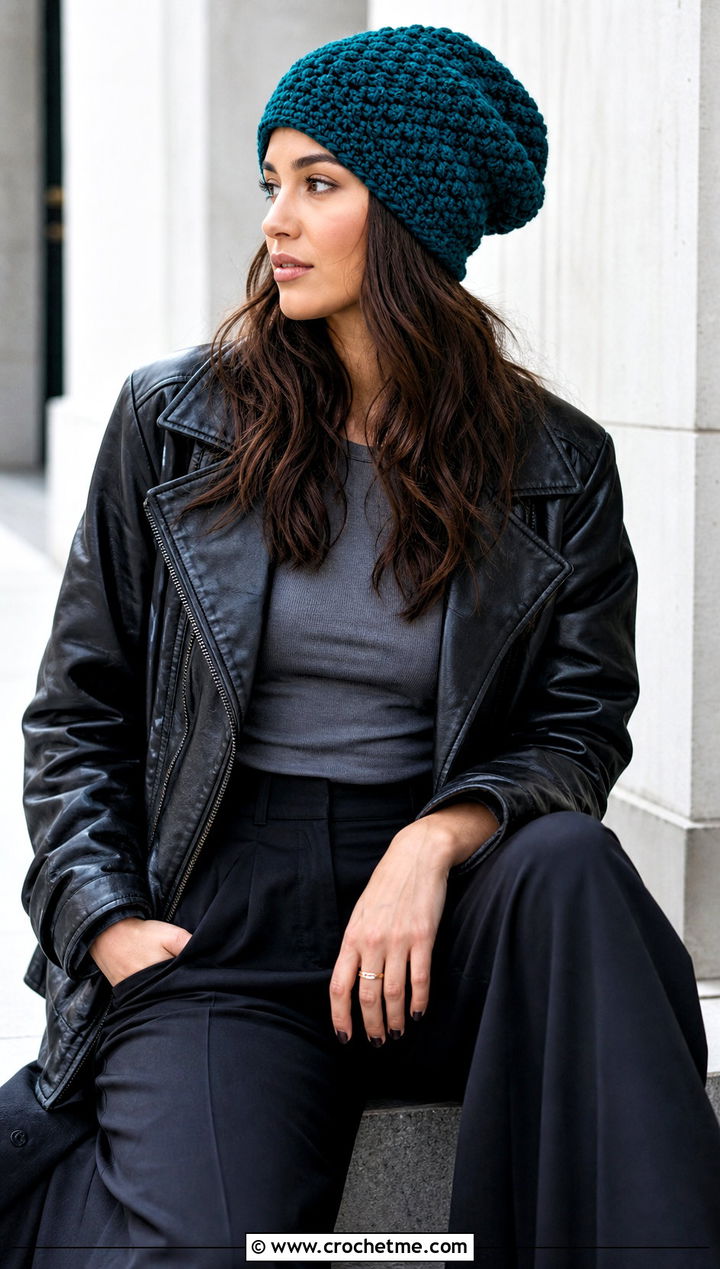 Slouchy Crochet Beanie With Leather Jacket And Wide Leg Pants - 15 Womens Crochet Beanie outfit ideas