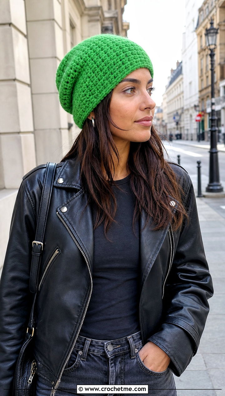 Slouchy Crochet Beanie With Leather Jacket Outfit - 15 Crochet Women's Hats outfit ideas
