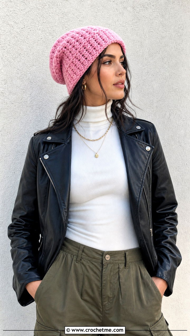 Slouchy Crochet Beanie With Leather Jacket and Cargo Pants - 15 Crochet Warm Winter Hat outfit ideas