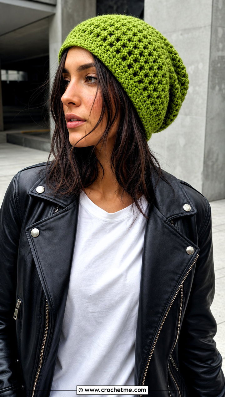 Slouchy Crochet Beanie With Leather Jacket - 30 crochet beanies for women outfit ideas