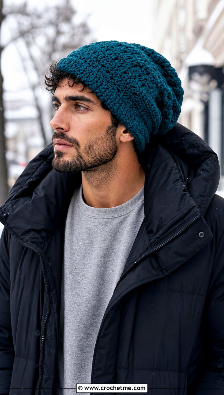 Slouchy Crochet Beanie With Long Puffer Coat - 25 mens winter crochet hats outfit ideas