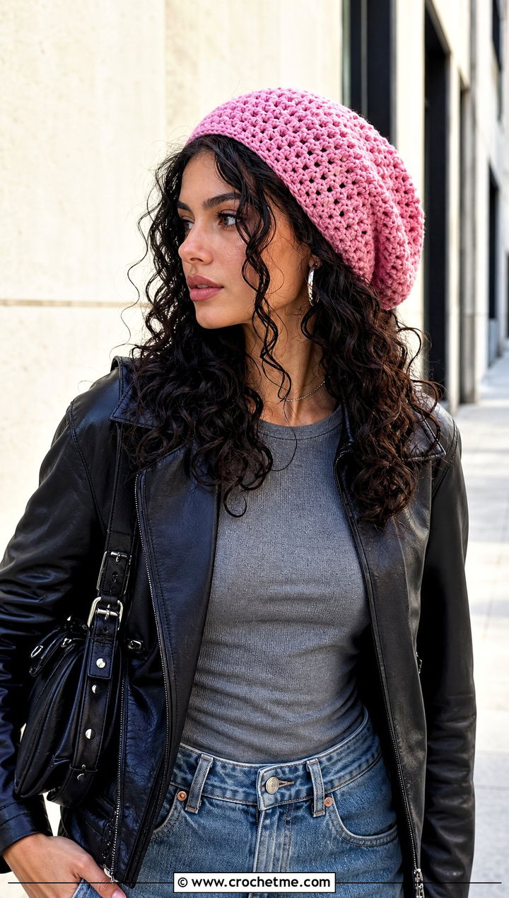 Slouchy Crochet Beanie With Loose Curls And Leather Jacket - 30 crochet hat with hair outfit ideas