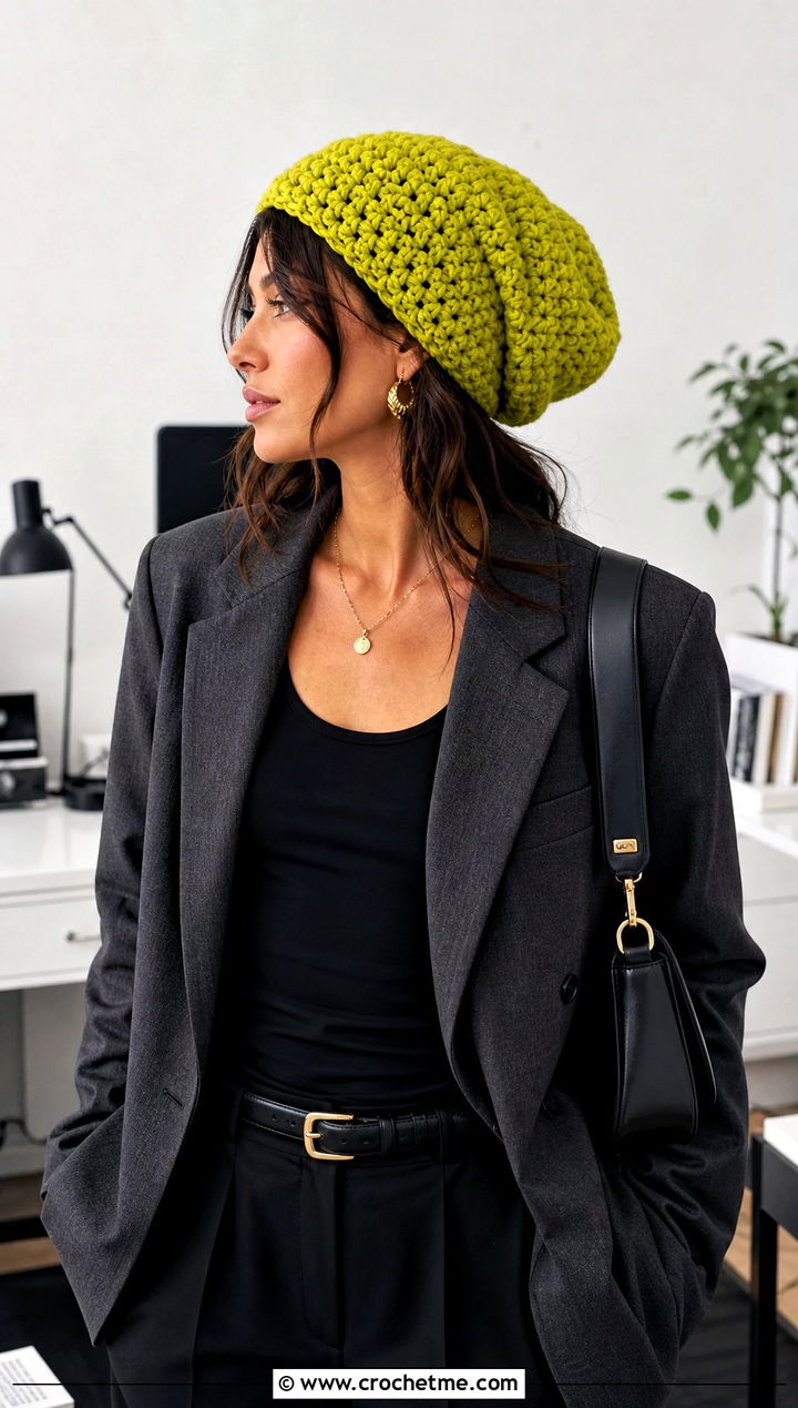 Slouchy Crochet Beanie With Oversized Blazer - 20 Fun Crochet Beanie outfit ideas