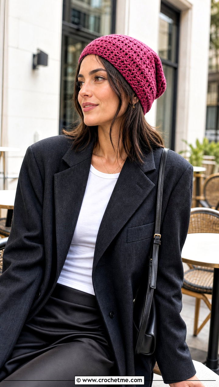 Slouchy Crochet Beanie With Oversized Blazer And Midi Skirt - 30 Quick And Easy Crochet Hat outfit ideas