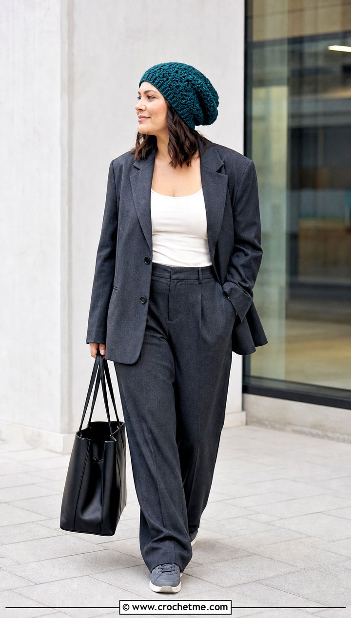 Slouchy Crochet Beanie With Oversized Blazer And Trousers - 35 simple crochet beanie outfit ideas