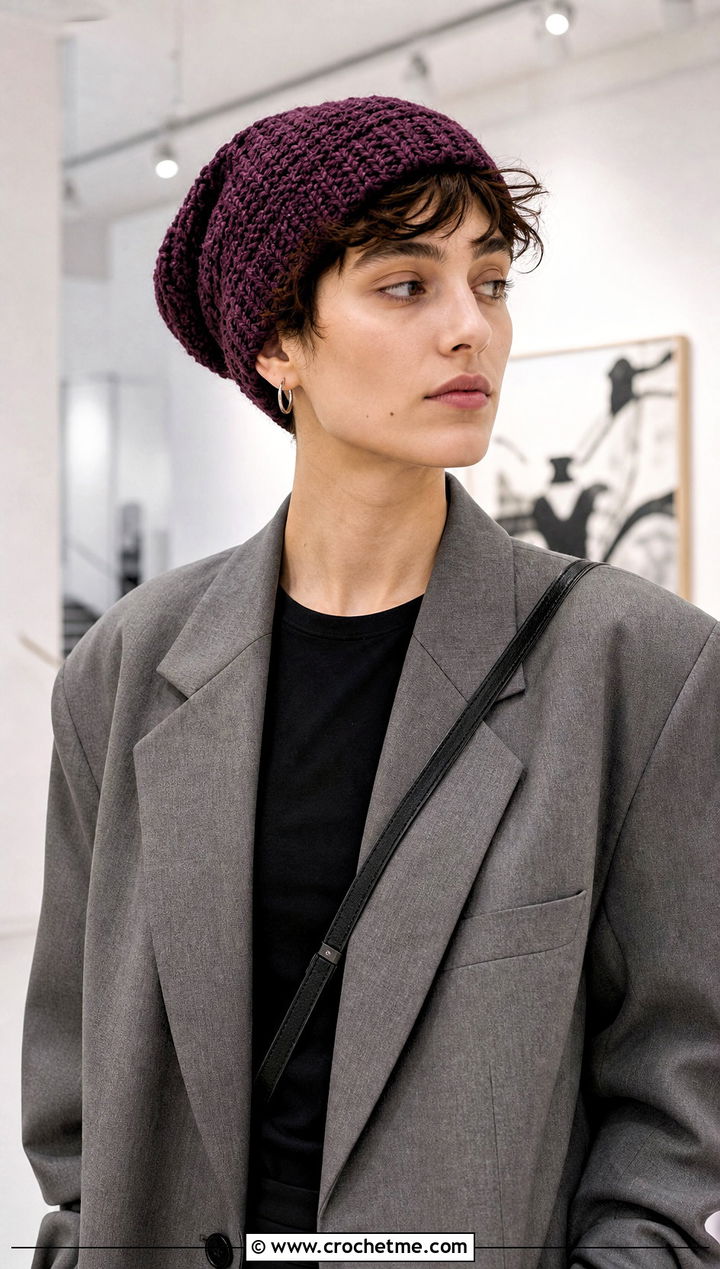 Slouchy Crochet Beanie With Oversized Blazer Outfit - 25 Unisex Crochet Hat outfit ideas