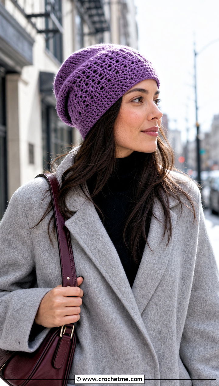 Slouchy Crochet Beanie With Oversized Coat - 30 Crochet Womens Hat outfit ideas