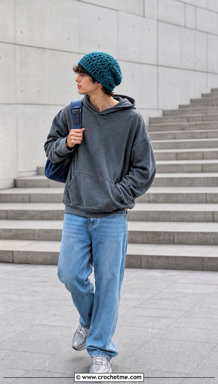 Slouchy Crochet Beanie With Oversized Hoodie - 35 crochet hat for man outfit ideas