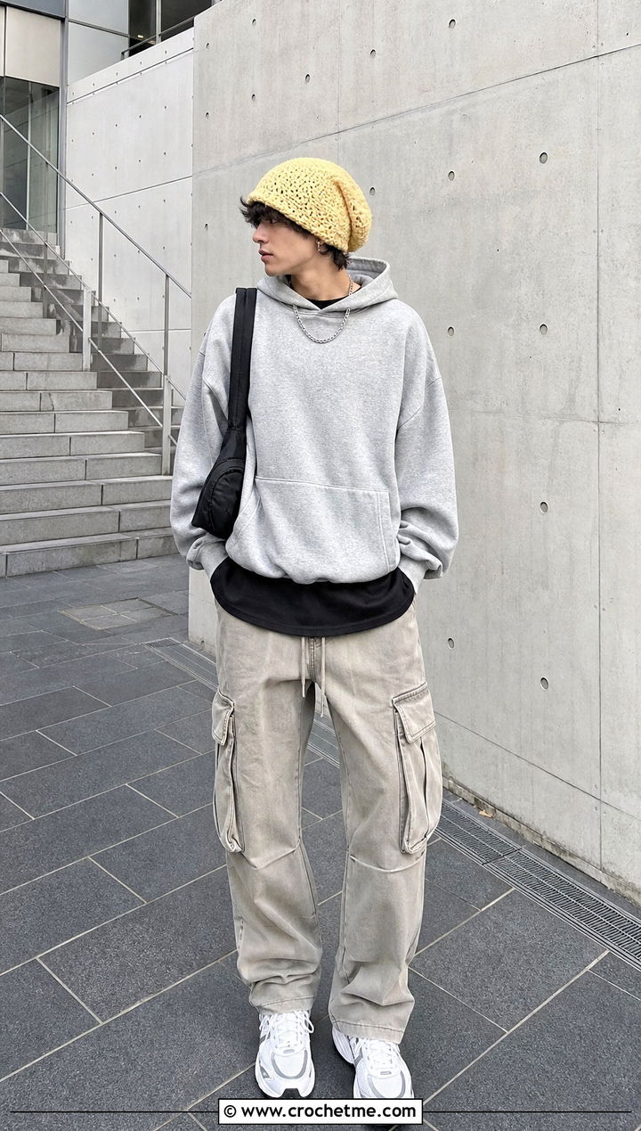 Slouchy Crochet Beanie With Oversized Hoodie - 35 Men Crochet Beanie outfit ideas