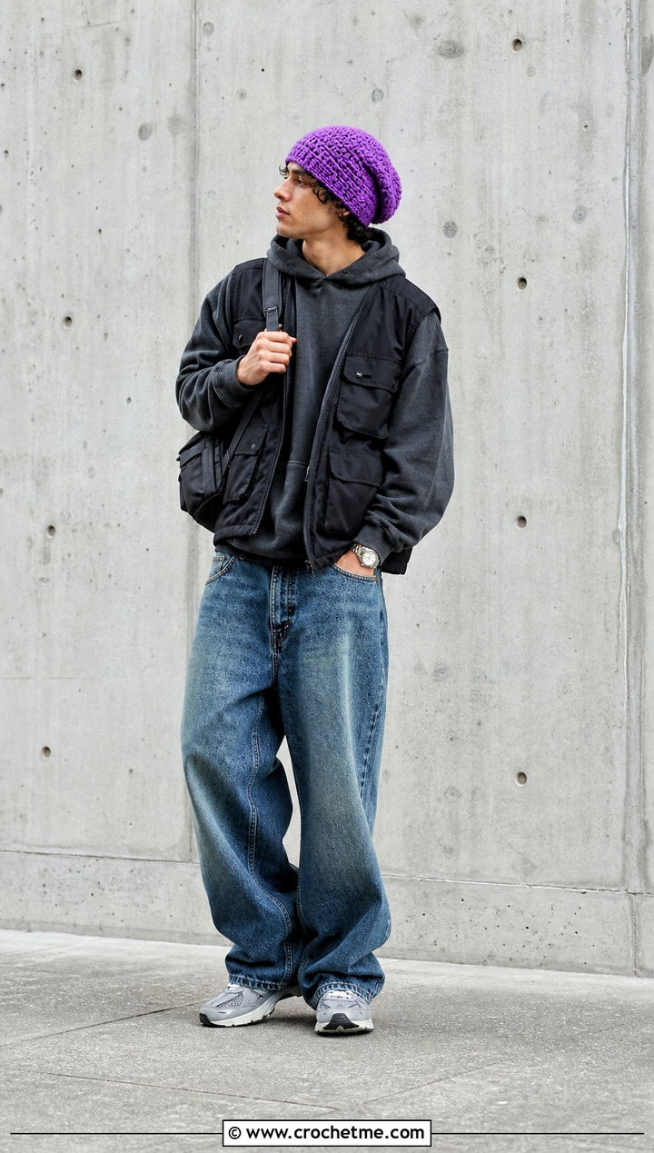 Slouchy Crochet Beanie With Oversized Hoodie - 35 mens crochet beanie outfit ideas