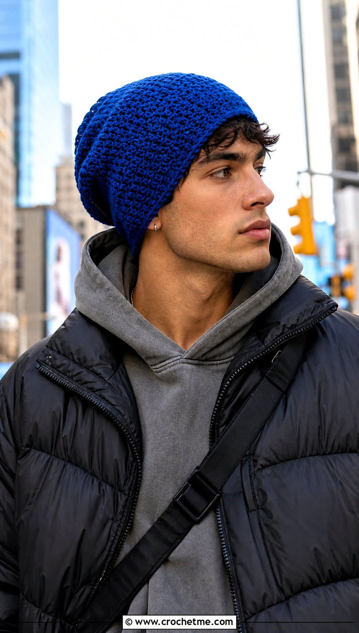Slouchy Crochet Beanie With Oversized Hoodie - 25 easy men's crochet beanie outfit ideas