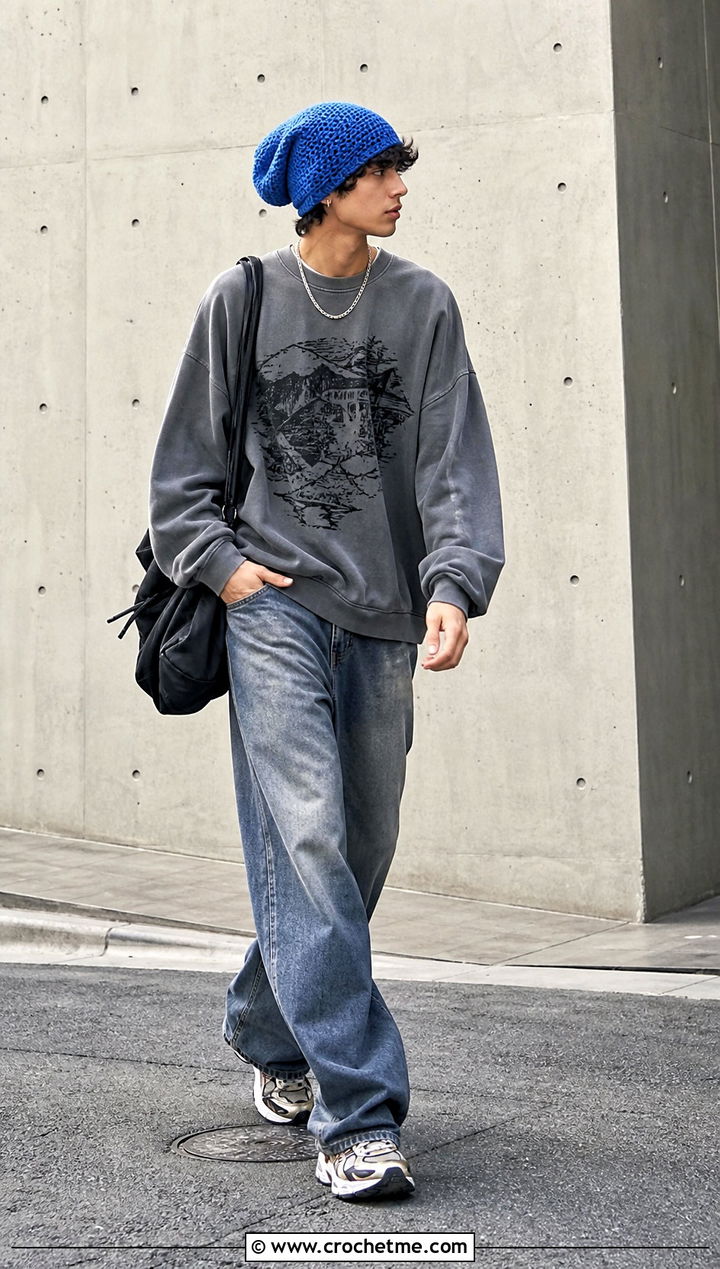 Slouchy Crochet Beanie With Oversized Streetwear - 35 mens crochet hat outfit ideas