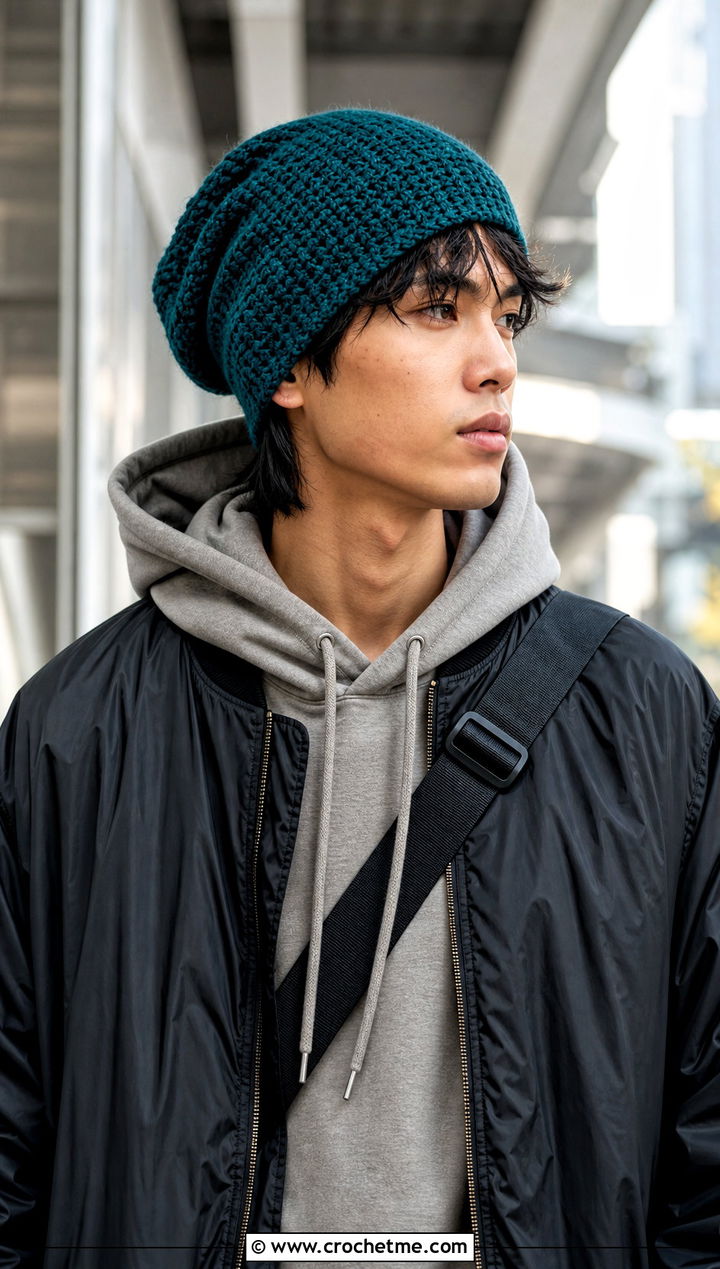 Slouchy Crochet Beanie With Oversized Streetwear - 15 men's crochet beanies outfit ideas