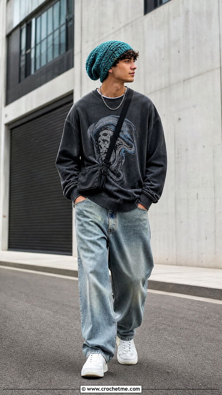 Slouchy Crochet Beanie With Oversized Streetwear - 35 crochet hats for men outfit ideas
