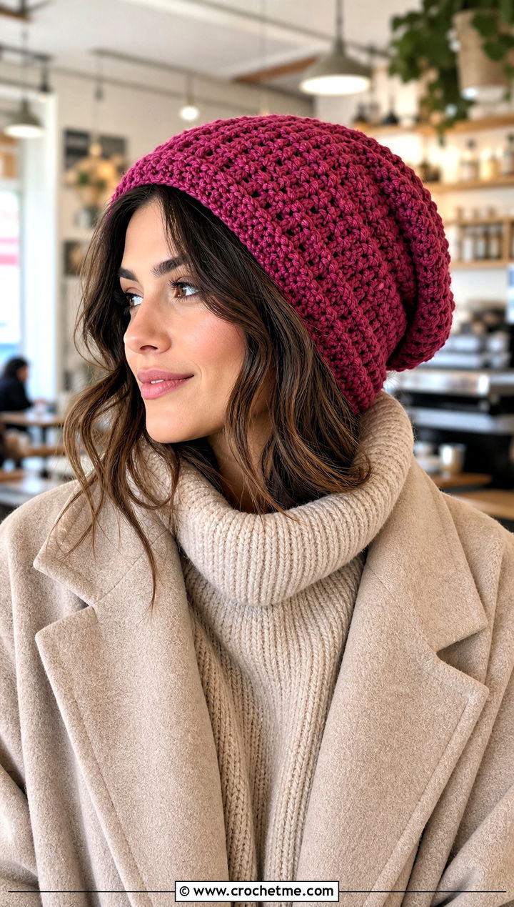 Slouchy Crochet Beanie With Oversized Sweater - 35 cute crochet hat outfit ideas