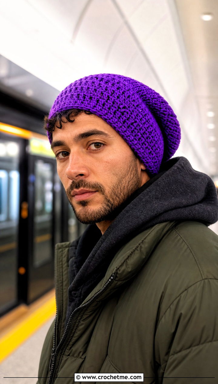 Slouchy Crochet Beanie With Puffer Jacket - 25 Crochet Mens Winter Hat outfit ideas