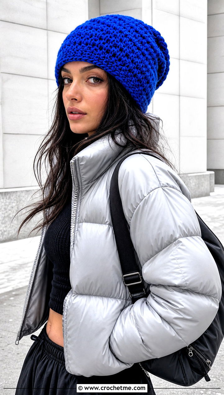 Slouchy Crochet Beanie With Puffer Jacket - 30 winter crochet beanie outfit ideas