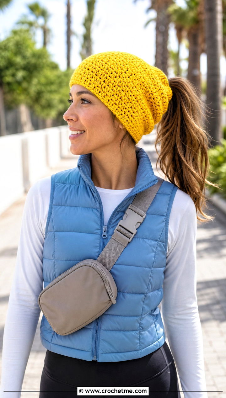 Slouchy Crochet Beanie With Puffer Vest And Leggings - 20 crochet women's hat outfit ideas