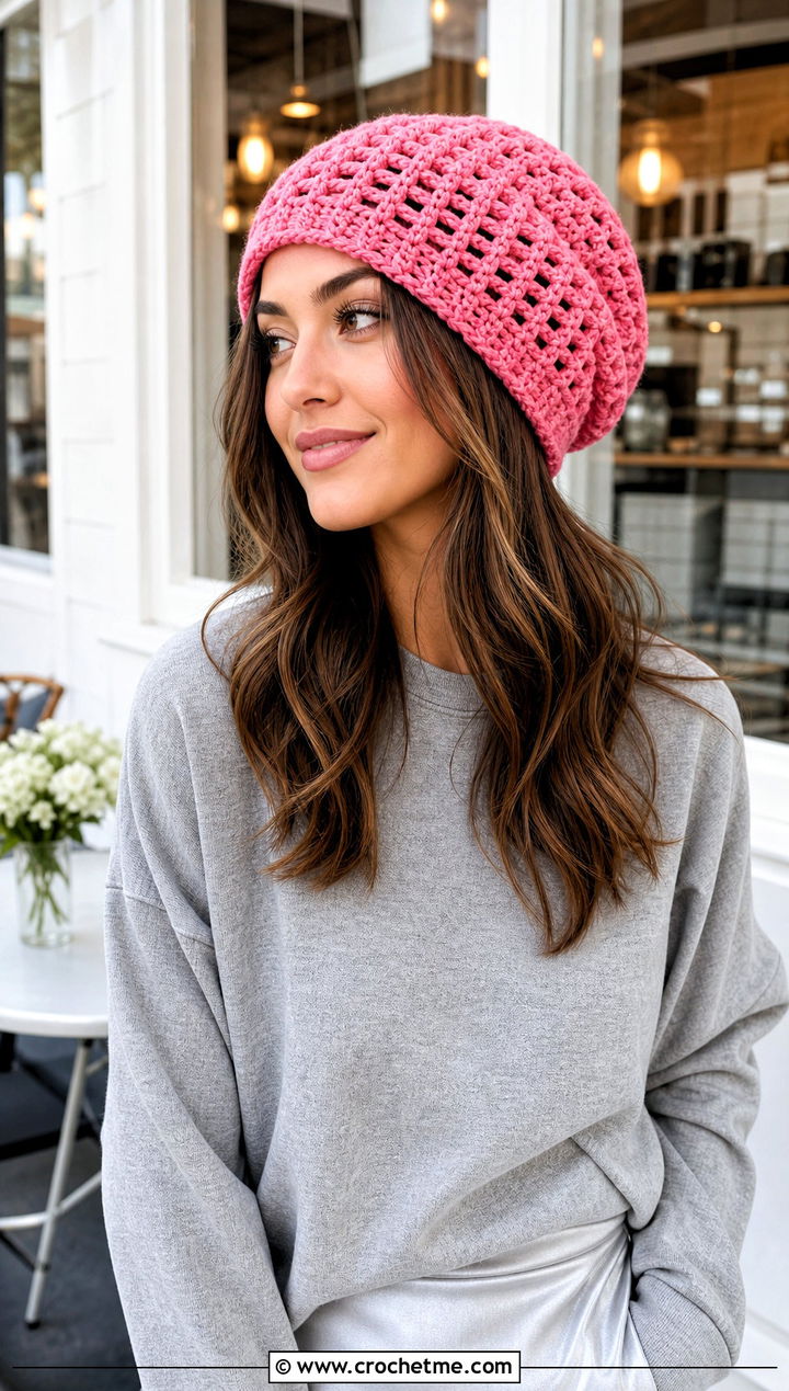 Slouchy Crochet Beanie With Satin Skirt - 30 aesthetic crochet hat ideas