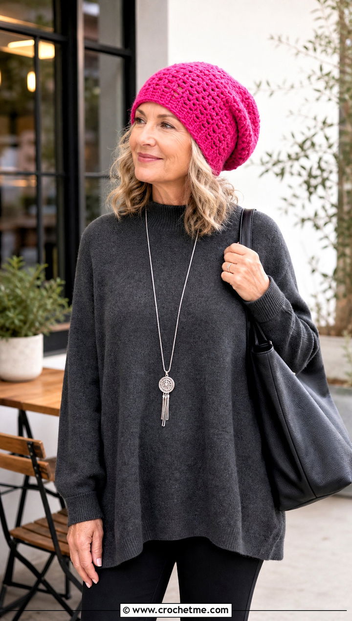 Slouchy Crochet Beanie With Sweater And Leggings - 25 Crochet Hat For Grandma outfit ideas