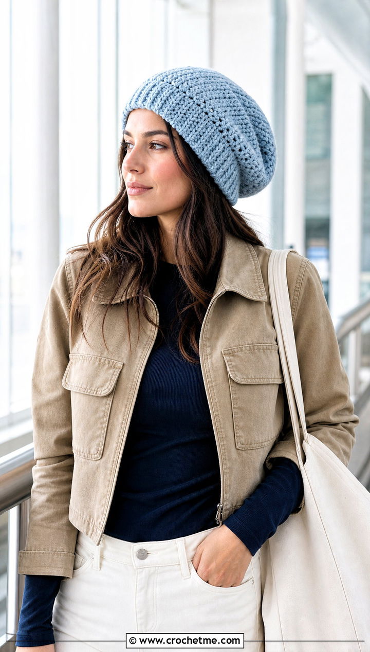 Slouchy Crochet Beanie With Wide Leg Pants Outfit - 20 Easy Crochet Womens Hat outfit ideas