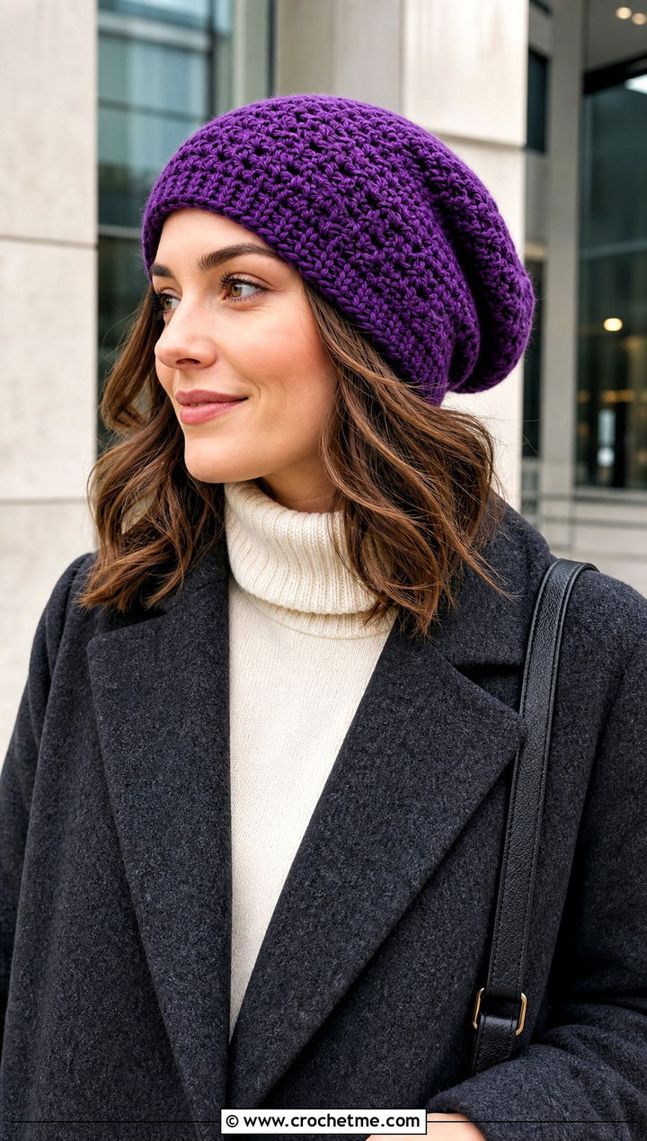 Slouchy Crochet Beanie With Wool Coat And Tailored Trousers - 25 Crochet Beanie Size 4 Yarn outfit ideas