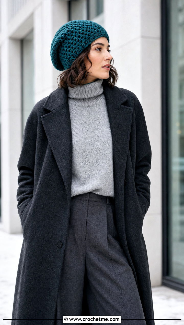 Slouchy Crochet Beanie With Wool Coat And Wide Leg Pants - 30 easy crochet winter hat outfit ideas