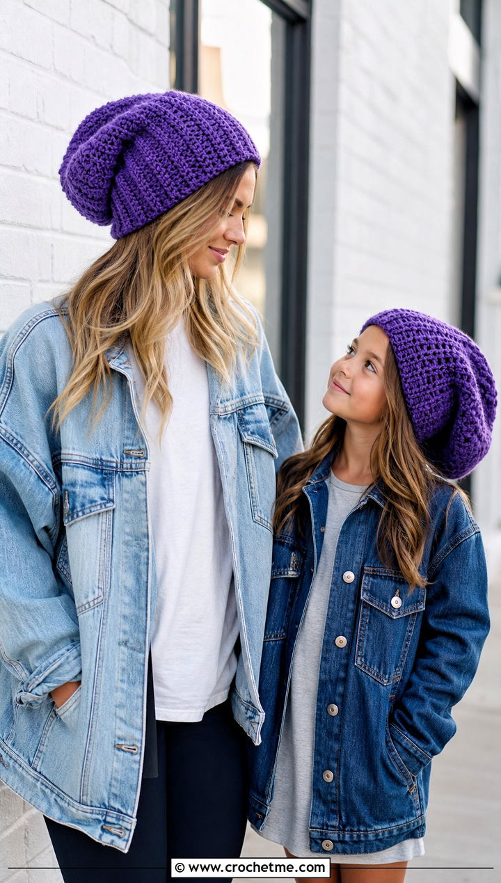 Slouchy Crochet Beanies With Denim Jackets - 25 Mommy And Me Crochet Hats outfit ideas
