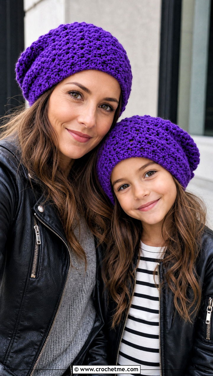 Slouchy Crochet Beanies With Leather Jackets - 20 Mother Daughter Crochet Hats outfit ideas