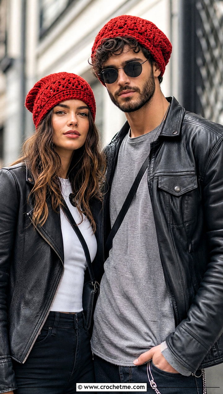 Slouchy Crochet Beanies With Leather Jackets - 15 Couples Crochet Hats outfit ideas