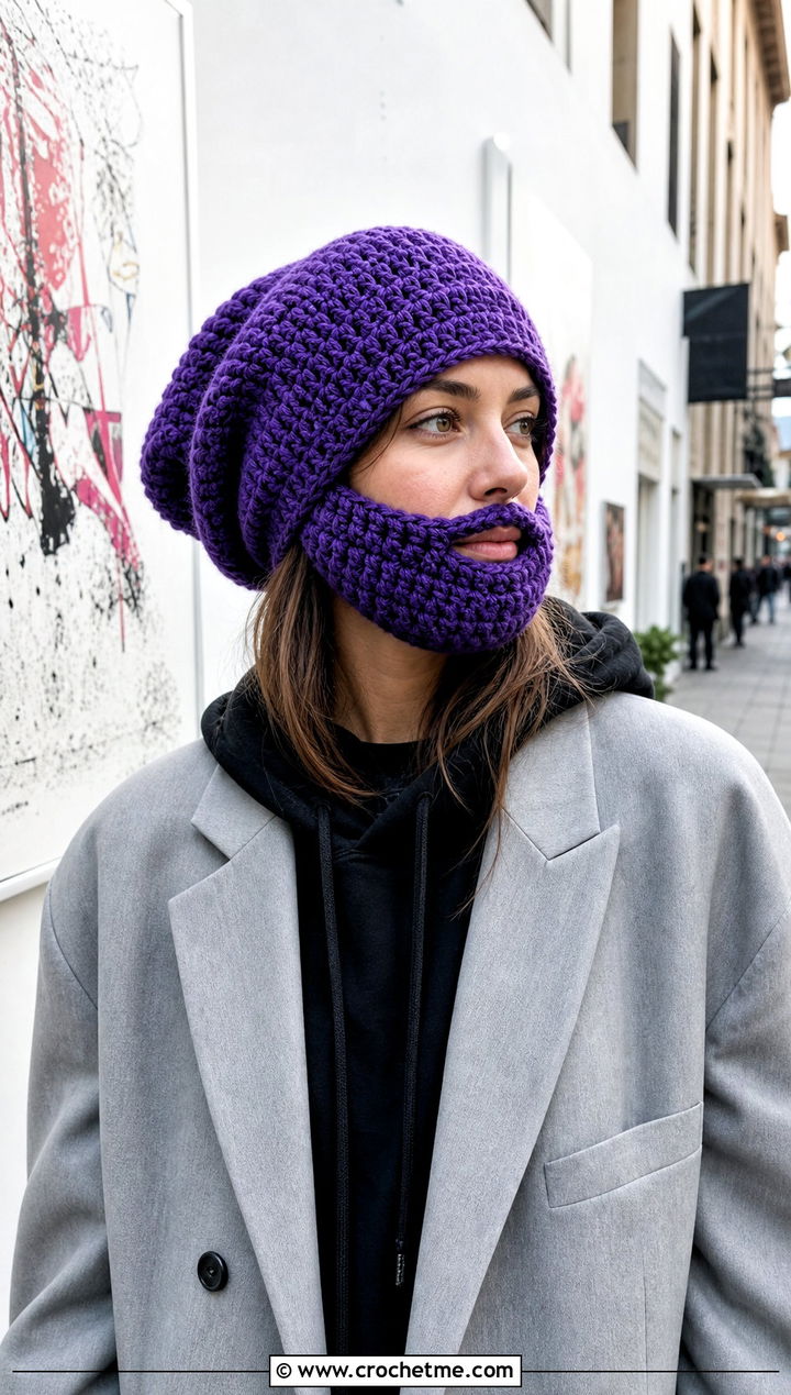 Slouchy Crochet Beard Beanie With Blazer And Hoodie - 15 Crochet Hat With Beard outfit ideas