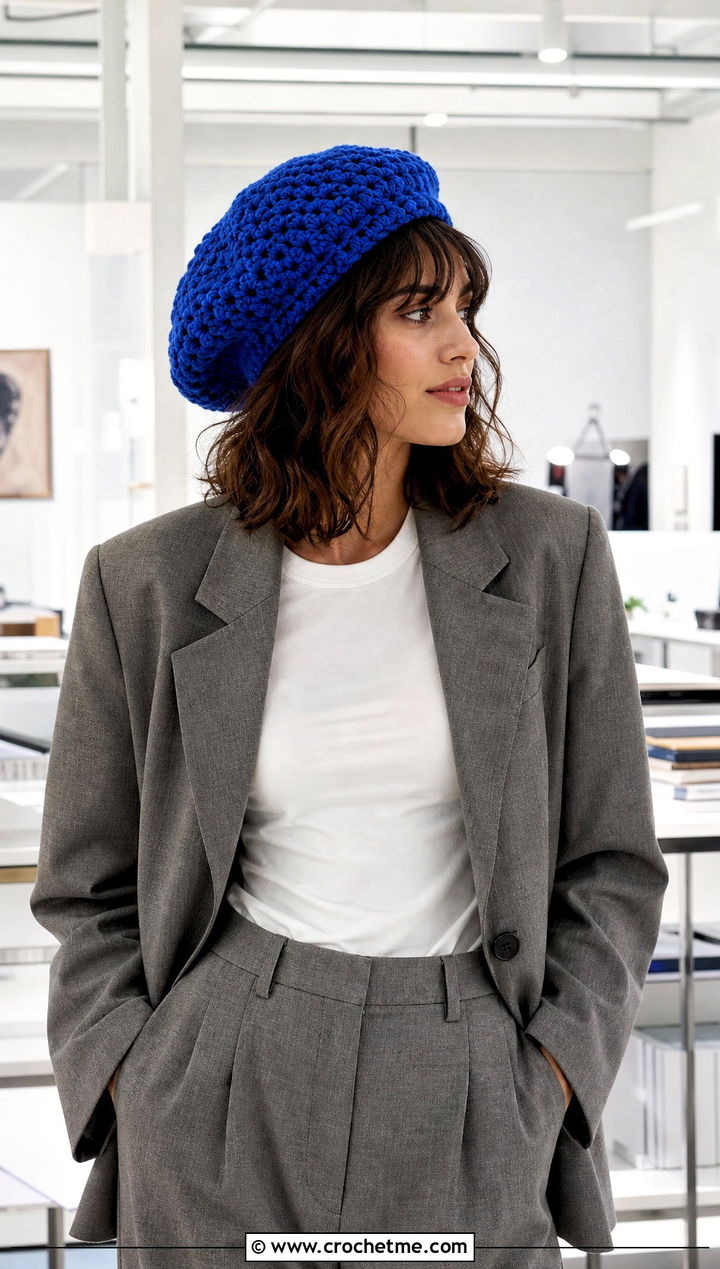 Slouchy Crochet Beret With Blazer And Wide Leg Pants - 30 crochet berets outfit ideas