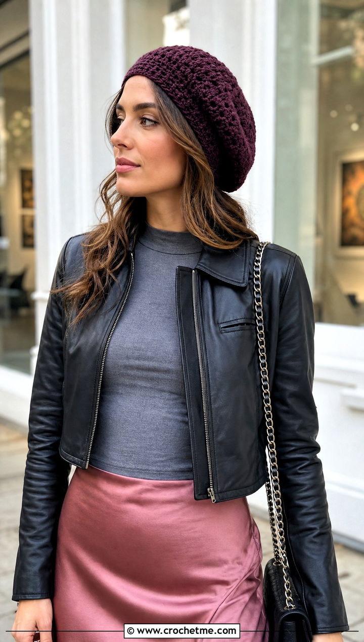 Slouchy Crochet Beret With Leather Jacket - 30 Crochet Womens Hat outfit ideas