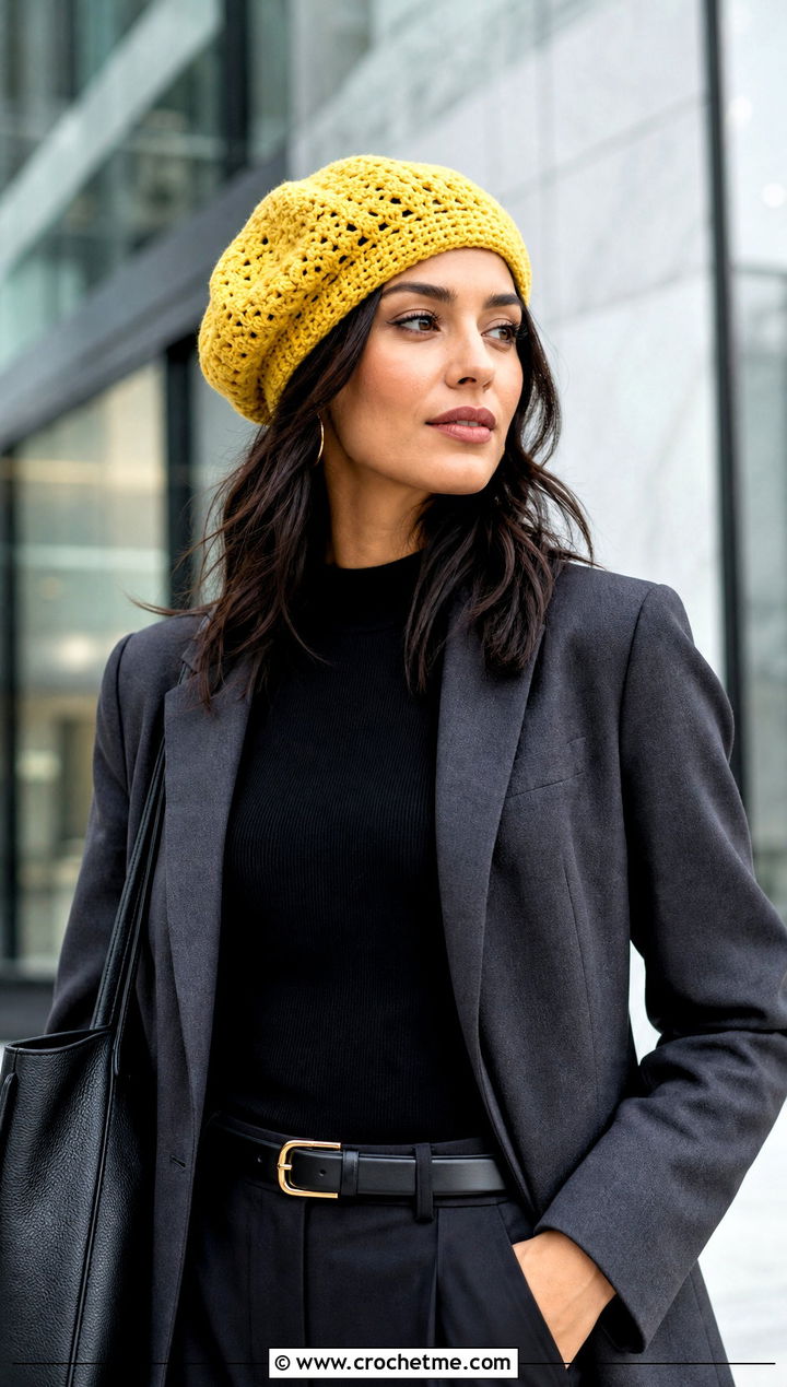 Slouchy Crochet Beret With Tailored Trousers - 20 crochet beret hat outfit ideas