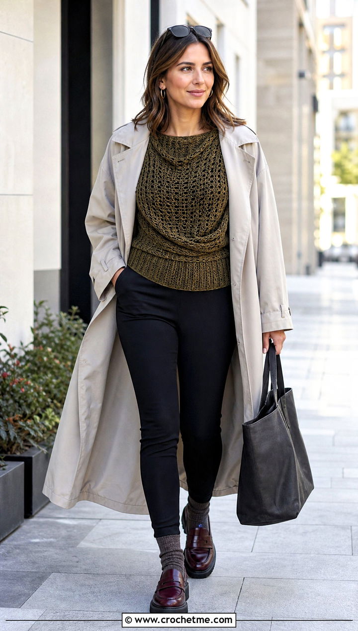 Slouchy Crochet Blouse With Leggings And Trench Coat - 15 fall crochet blouse outfit ideas