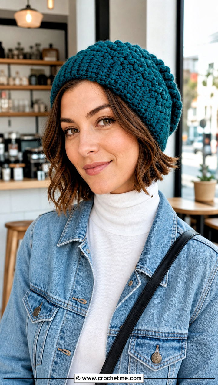 Slouchy Crochet Bobble Hat With Denim Jacket - 30 crochet bobble hat outfit ideas