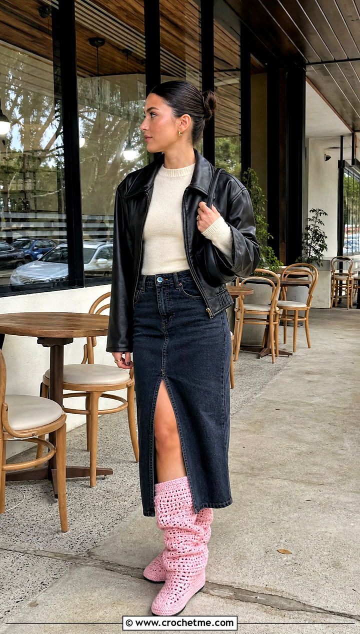 Slouchy Crochet Boots With Denim Midi Skirt - 15 ugg style crochet boots outfit ideas