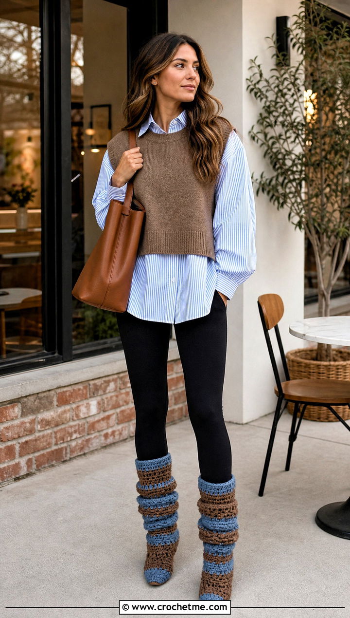 Slouchy Crochet Boots With Leggings And Oversized Shirt - 15 Blue And Brown Crochet Boots outfit ideas