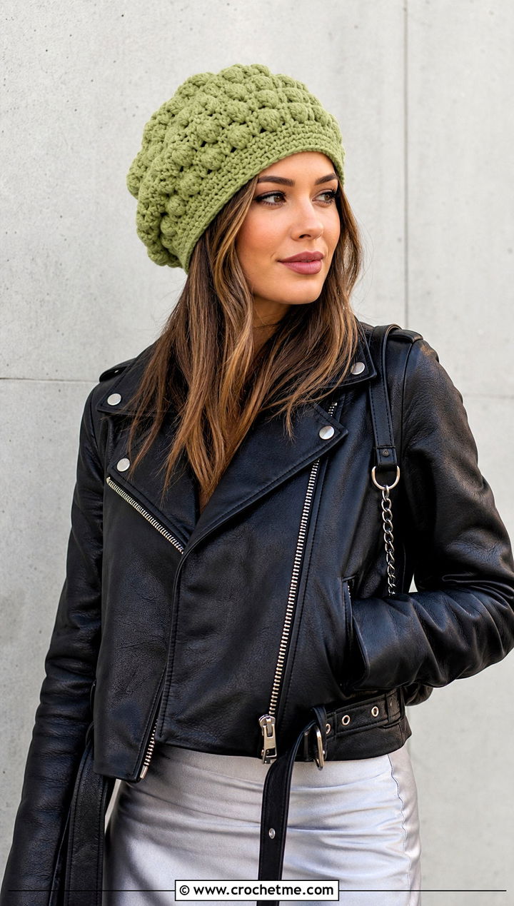 Slouchy Crochet Bubble Beanie With Leather Jacket - 20 Crochet Bubble Hat outfit ideas