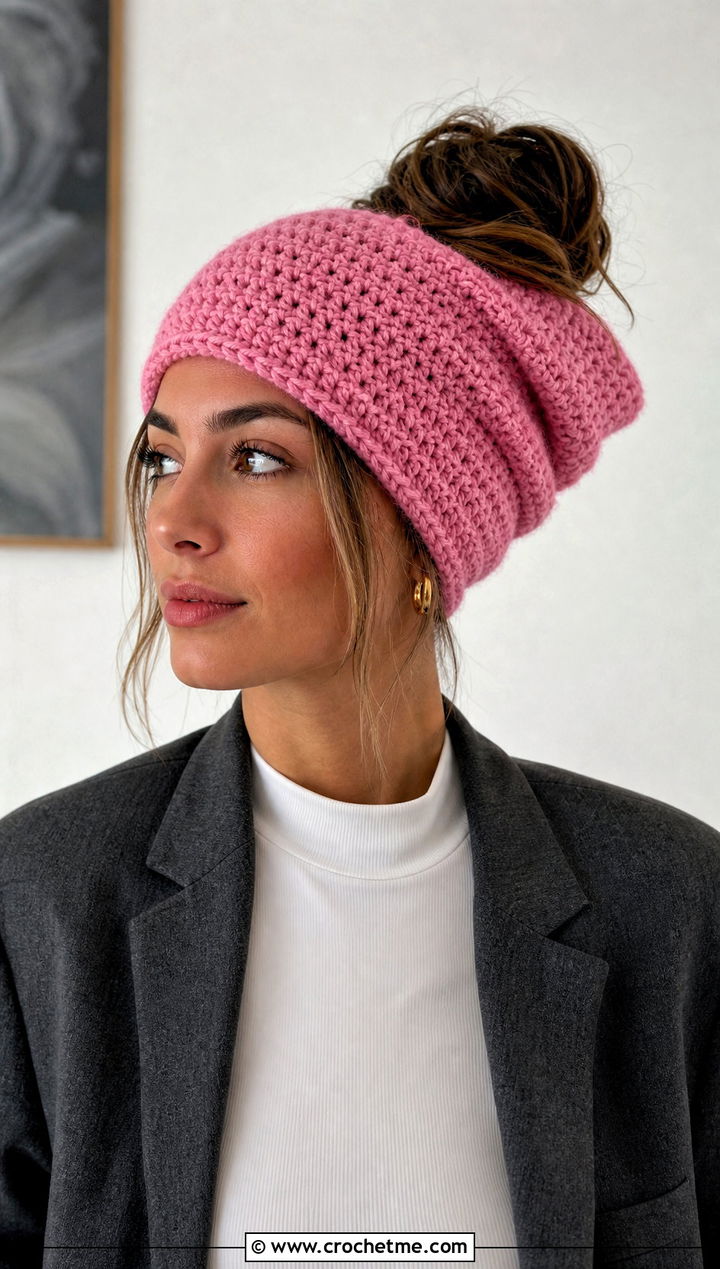 Slouchy Crochet Bun Beanie With Oversized Blazer - 15 Crochet Bun Hats outfit ideas
