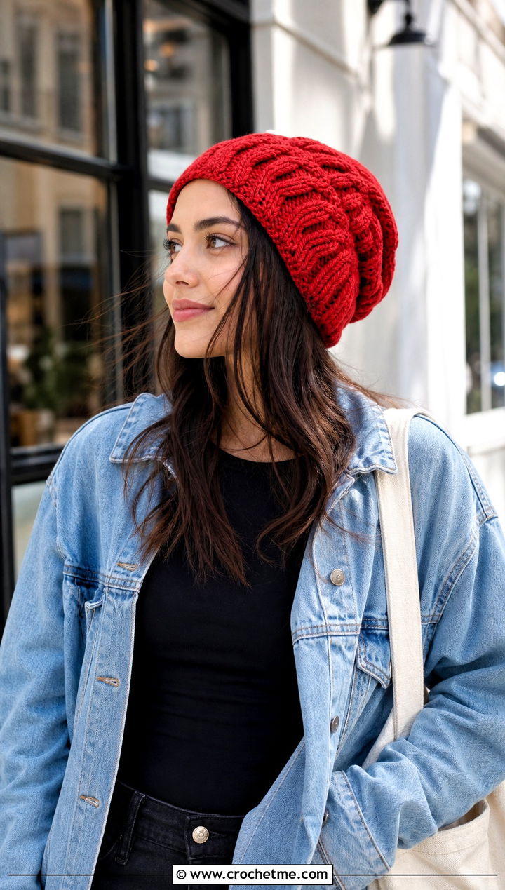 Slouchy Crochet Cable Beanie With Denim Jacket - 25 crochet cable beanie outfit ideas