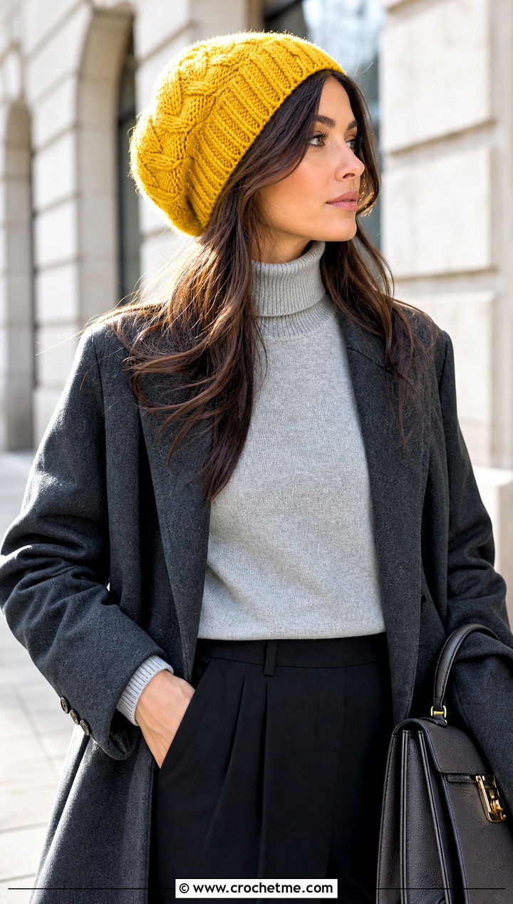 Slouchy Crochet Cable Twist Hat With Tailored Coat - 15 Crochet Cable Twist Hat outfit ideas