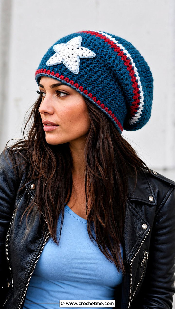 Slouchy Crochet Captain America Beanie With Leather Jacket - 25 Crochet Captain America Hat outfit ideas