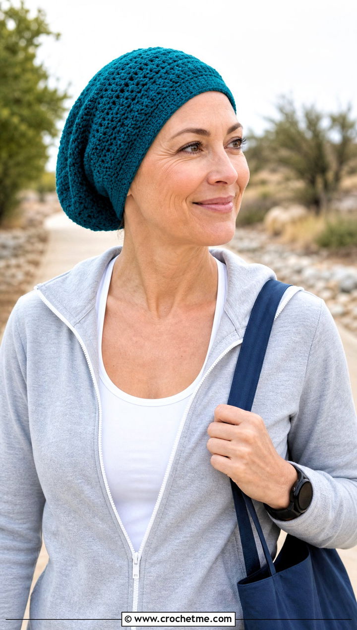 Slouchy Crochet Chemo Beanie With Athleisure Set - 30 crochet chemo hat outfit ideas