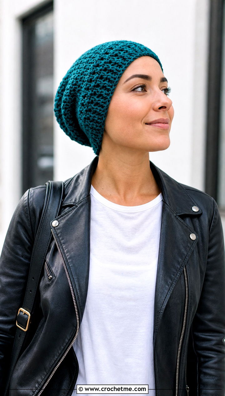 Slouchy Crochet Chemo Beanie With Leather Jacket - 20 Easy Crochet Chemo Hats outfit ideas