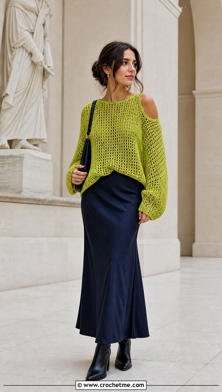 Slouchy Crochet Cold Shoulder Sweater With Bias Cut Maxi Skirt - 25 Crochet Cold Shoulder Sweater outfit ideas